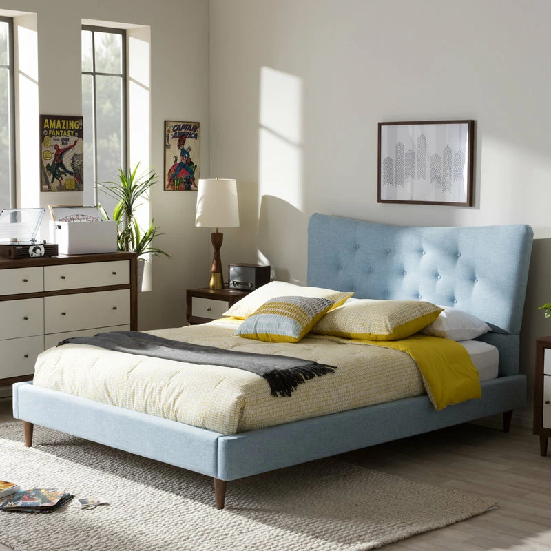 Outlet 🎁 Baxton Studio Hannah Mid-Century Modern Linen Platform Bed, Light Blue, Full 😉 - Image 5