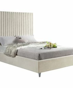 Best Sale 😀 Meridian Furniture Candace Velvet Bed, Cream, King 🎁