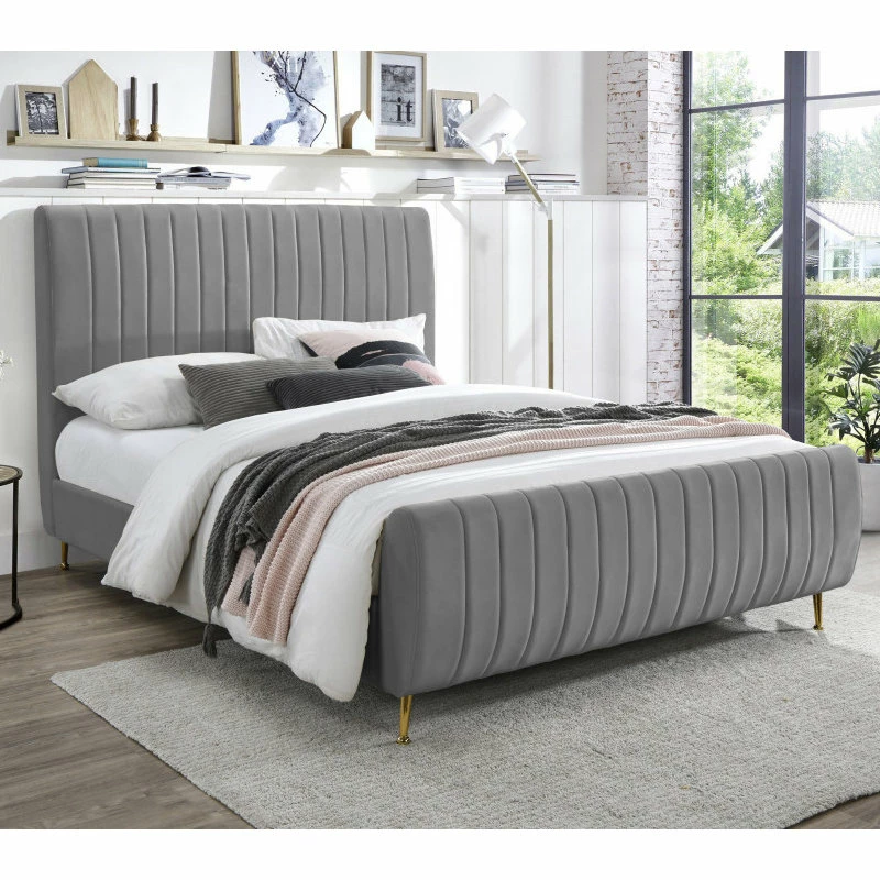 Discount ๐ฅฐ Meridian Furniture Zara Channel Tufted Velvet Bed With Custom Gold Legs, Gray, Queen ๐งจ - Image 2