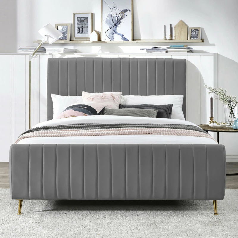 Buy 🌟 Meridian Furniture Zara Channel Tufted Velvet Bed With Custom Gold Legs, Gray, King 🎁 - Image 4
