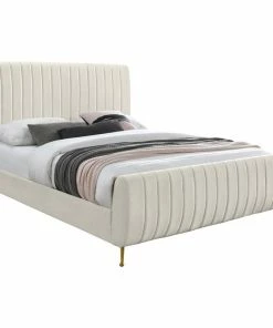 Flash Sale ๐ Meridian Furniture Zara Channel Tufted Velvet Bed With Custom Gold Legs, Cream, Queen ๐งจ
