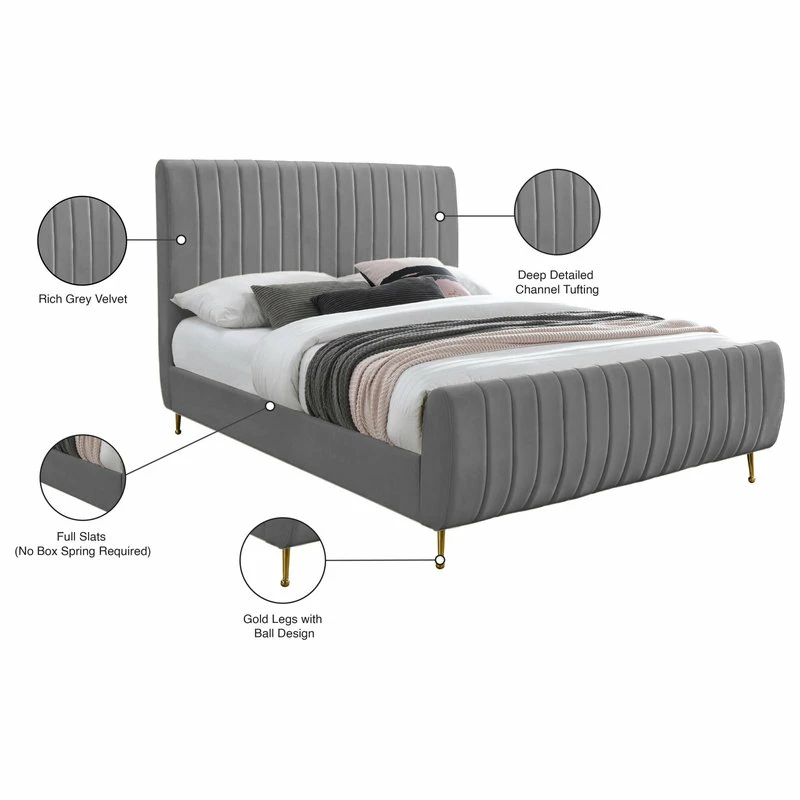 Discount ๐ฅฐ Meridian Furniture Zara Channel Tufted Velvet Bed With Custom Gold Legs, Gray, Queen ๐งจ - Image 9