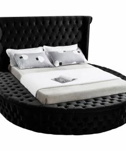 Buy 🥰 Meridian Furniture Luxus Button Tufted Velvet Round Bed, Black, King ❤️