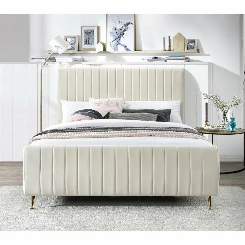 Wholesale โ Meridian Furniture Zara Channel Tufted Velvet Bed With Custom Gold Legs, Cream, King ๐ - Image 4