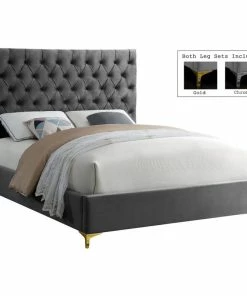 Buy 🛒 Meridian Furniture Cruz Velvet Bed, Gray, King ⌛
