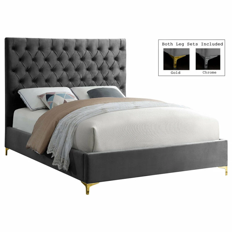 Buy 🛒 Meridian Furniture Cruz Velvet Bed, Gray, King ⌛