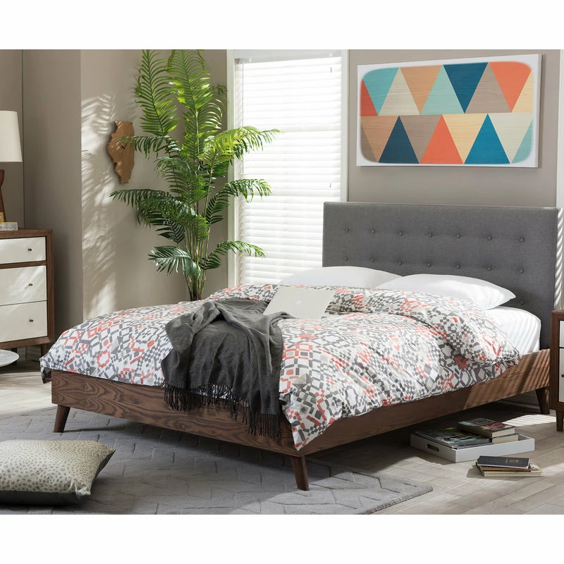 Discount ๐ฅ Baxton Studio Alinia Retro Fabric Upholstered Walnut Wood Platform Bed, Gray, Full โจ - Image 5