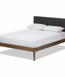 Hot Sale ๐ Baxton Studio Ember Dark Gray Fabric And Medium Brown Finish Platform Bed, Gray, Queen ๐งจ