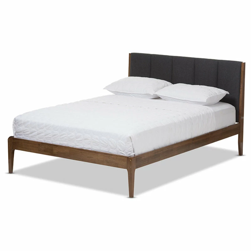 Hot Sale ๐ Baxton Studio Ember Dark Gray Fabric And Medium Brown Finish Platform Bed, Gray, Queen ๐งจ