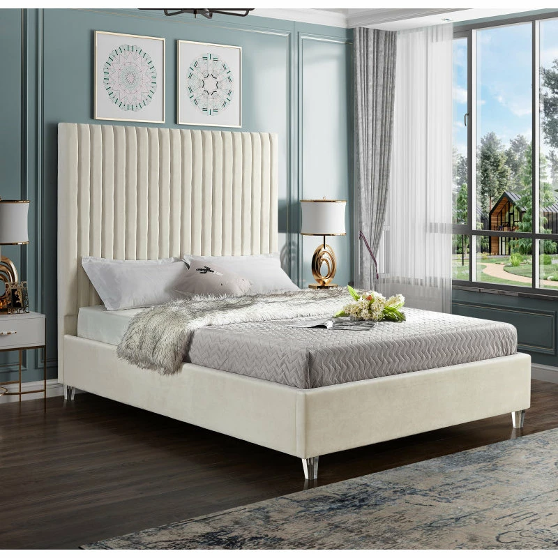 Best Sale 😀 Meridian Furniture Candace Velvet Bed, Cream, King 🎁 - Image 2