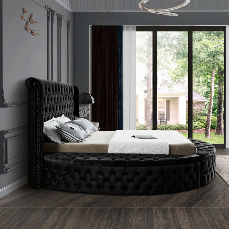 Buy ๐ฅฐ Meridian Furniture Luxus Button Tufted Velvet Round Bed, Black, King โค๏ธ - Image 9