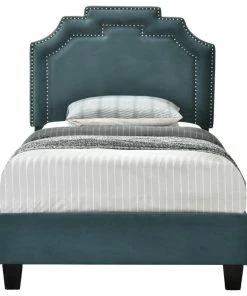 Outlet ✔️ HomeFare Geometric Shaped, Double Nailhead Trim Twin Upholstered Bed, Jasper Blue 🎉