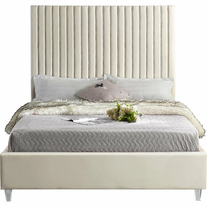 Best Sale 😀 Meridian Furniture Candace Velvet Bed, Cream, King 🎁 - Image 3