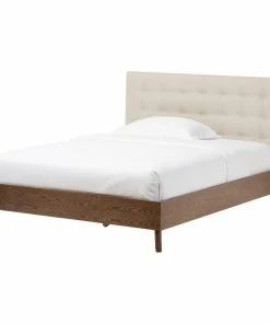 Best Sale โค๏ธ Baxton Studio Alinia Retro Fabric Upholstered Walnut Wood Platform Bed, Light Beige, Queen ๐