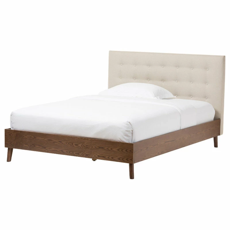 Best Sale ❤️ Baxton Studio Alinia Retro Fabric Upholstered Walnut Wood Platform Bed, Light Beige, Queen 👏