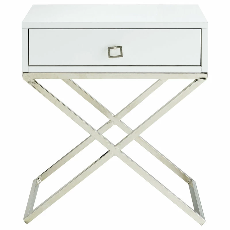 Outlet ✔️ Inspired Home Katie Square Lacquer-Finish X-Metal Leg Nightstand, White Chrome 🥰