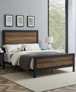 Best Sale 🥰 Walker Edison Furniture Company Queen Size Industrial Wood And Metal Bed, Rustic Oak 🥰
