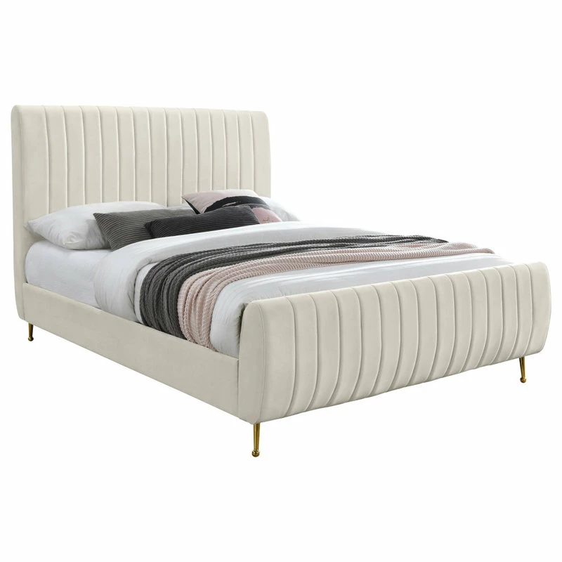 Wholesale โ Meridian Furniture Zara Channel Tufted Velvet Bed With Custom Gold Legs, Cream, King ๐