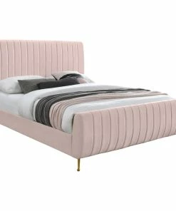 Best deal ✔️ Meridian Furniture Zara Channel Tufted Velvet Bed With Custom Gold Legs, Pink, Queen 🔔