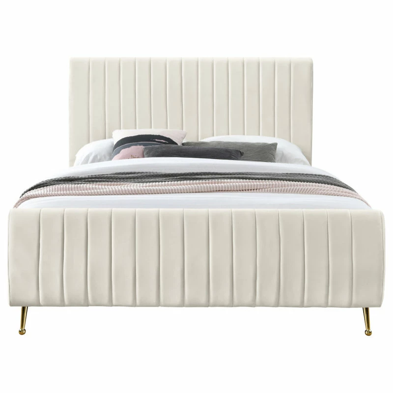 Wholesale โ Meridian Furniture Zara Channel Tufted Velvet Bed With Custom Gold Legs, Cream, King ๐ - Image 3