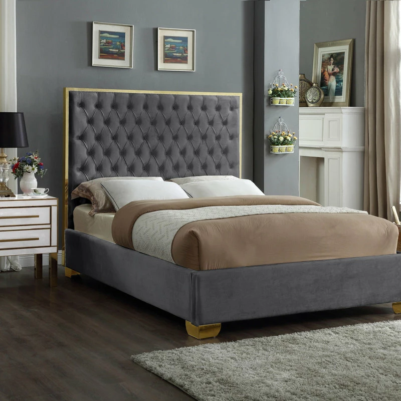 Outlet โ๏ธ Meridian Furniture Lana Velvet Bed, Gray, Full โ๏ธ - Image 2