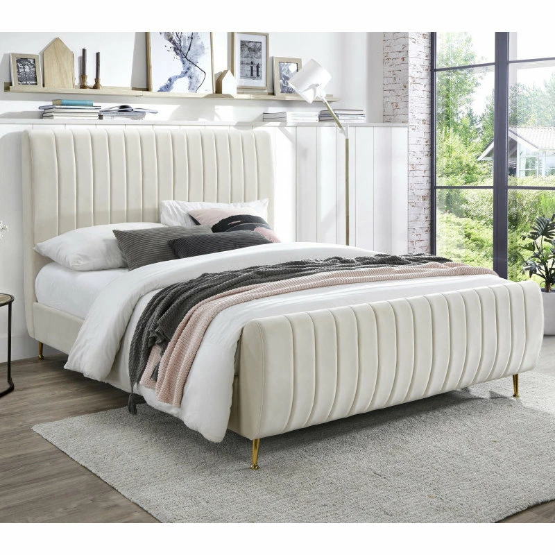 Flash Sale ๐ Meridian Furniture Zara Channel Tufted Velvet Bed With Custom Gold Legs, Cream, Queen ๐งจ - Image 2