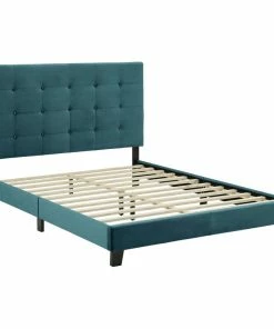 Buy 🎉 LexMod Melanie Queen Tufted Button Upholstered Velvet Platform Bed, Sea Blue 💯
