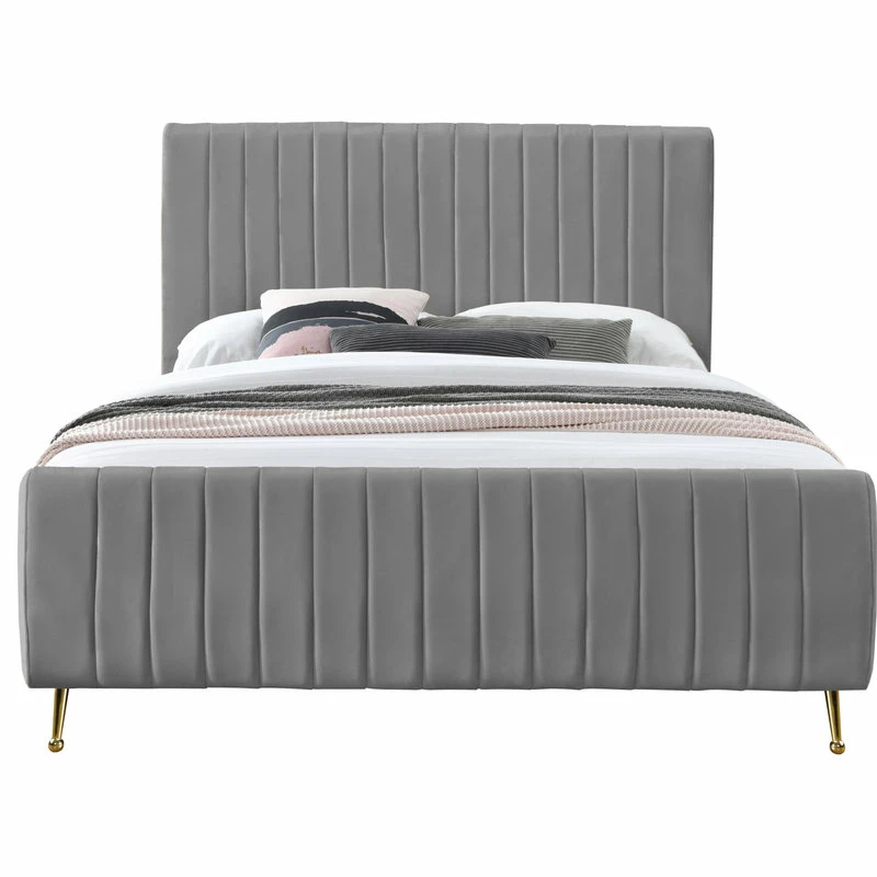 Buy 🌟 Meridian Furniture Zara Channel Tufted Velvet Bed With Custom Gold Legs, Gray, King 🎁 - Image 3