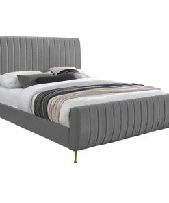 Discount ๐ฅฐ Meridian Furniture Zara Channel Tufted Velvet Bed With Custom Gold Legs, Gray, Queen ๐งจ