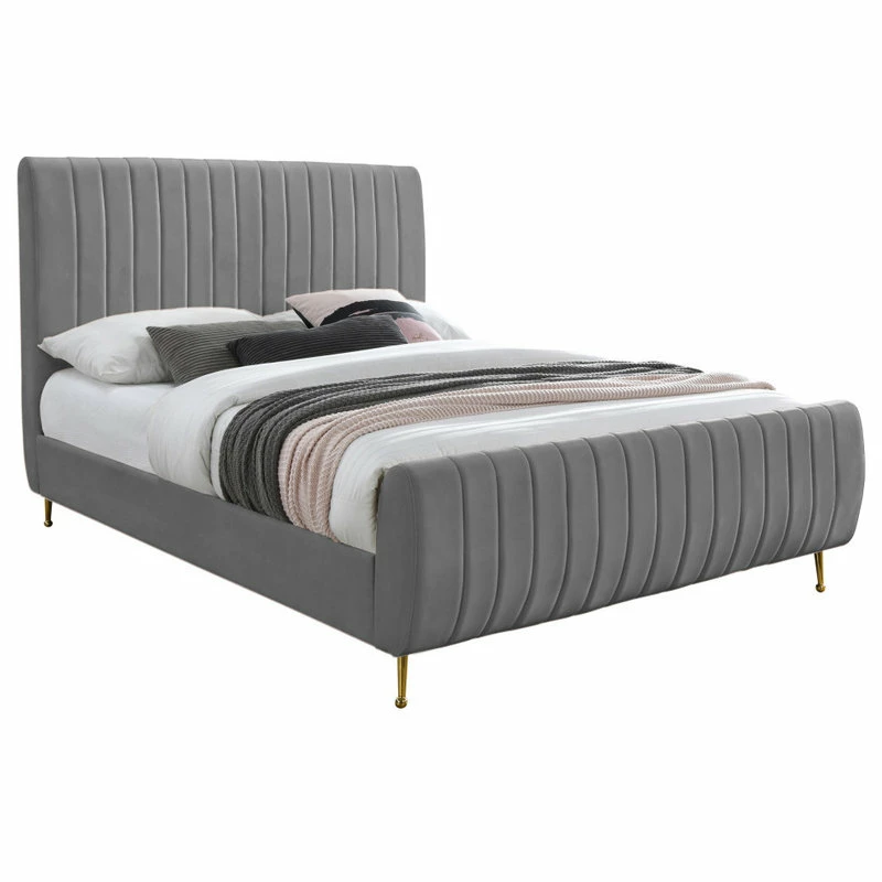 Discount ๐ฅฐ Meridian Furniture Zara Channel Tufted Velvet Bed With Custom Gold Legs, Gray, Queen ๐งจ