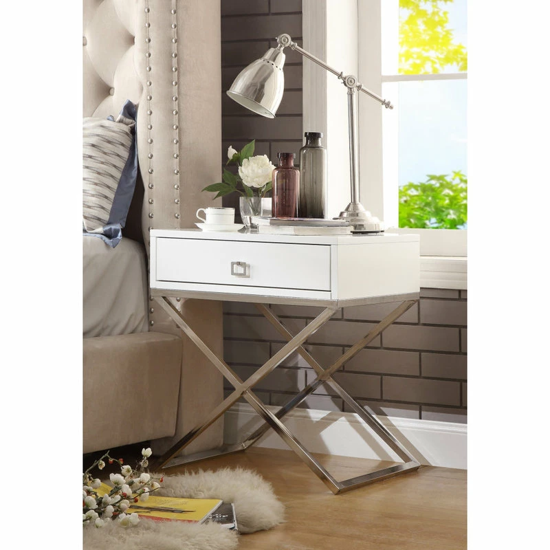 Outlet ✔️ Inspired Home Katie Square Lacquer-Finish X-Metal Leg Nightstand, White Chrome 🥰 - Image 2
