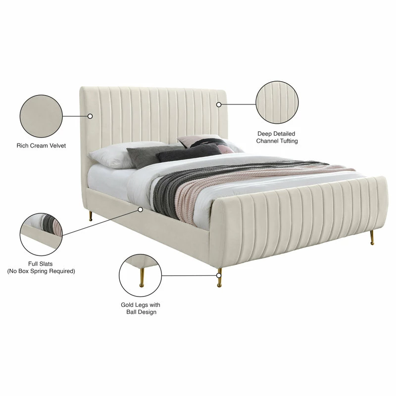 Wholesale โ Meridian Furniture Zara Channel Tufted Velvet Bed With Custom Gold Legs, Cream, King ๐ - Image 9