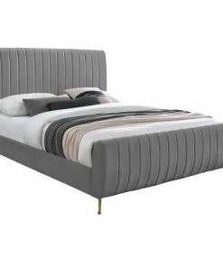 Buy 🌟 Meridian Furniture Zara Channel Tufted Velvet Bed With Custom Gold Legs, Gray, King 🎁