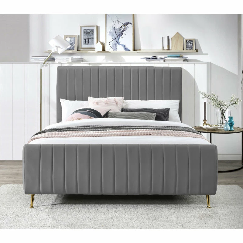 Discount ๐ฅฐ Meridian Furniture Zara Channel Tufted Velvet Bed With Custom Gold Legs, Gray, Queen ๐งจ - Image 4