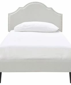 Best Sale ๐ HomeFare Nailhead Trim, Shaped Upholstered Platform Bed, Natural Gray, Twin โญ