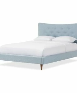Outlet 🎁 Baxton Studio Hannah Mid-Century Modern Linen Platform Bed, Light Blue, Full 😉