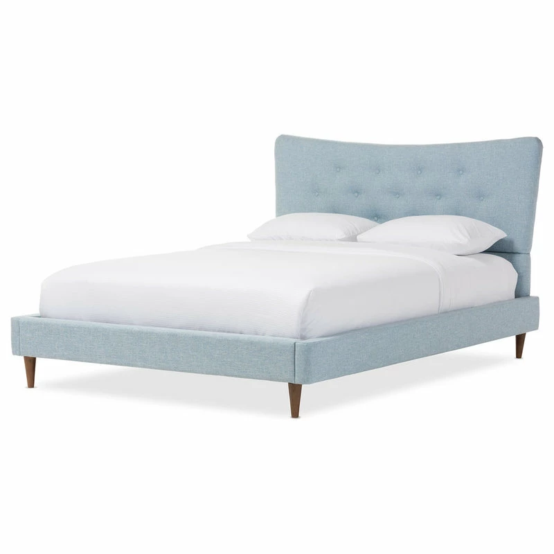 Outlet 🎁 Baxton Studio Hannah Mid-Century Modern Linen Platform Bed, Light Blue, Full 😉