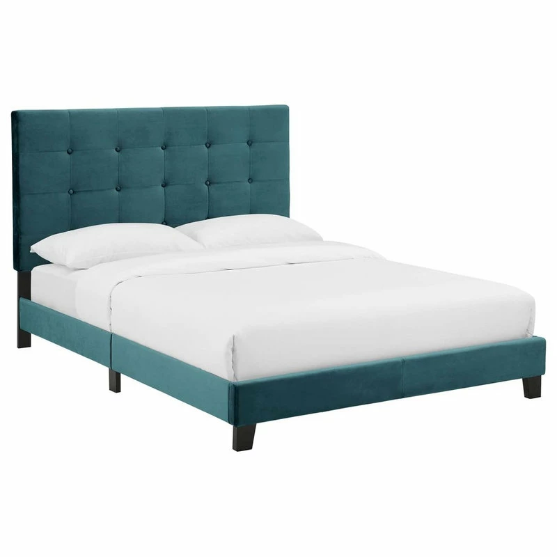 Buy ๐ LexMod Melanie Queen Tufted Button Upholstered Velvet Platform Bed, Sea Blue ๐ฏ - Image 2