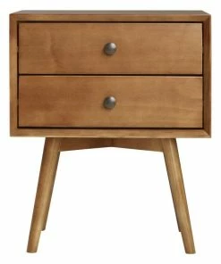 New 🎁 Walker Edison MCM 2 Drawer Solid Wood Nightstand - Caramel ❤️