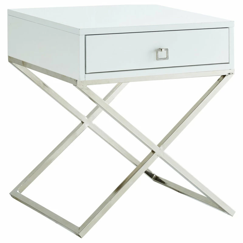 Outlet ✔️ Inspired Home Katie Square Lacquer-Finish X-Metal Leg Nightstand, White Chrome 🥰 - Image 3
