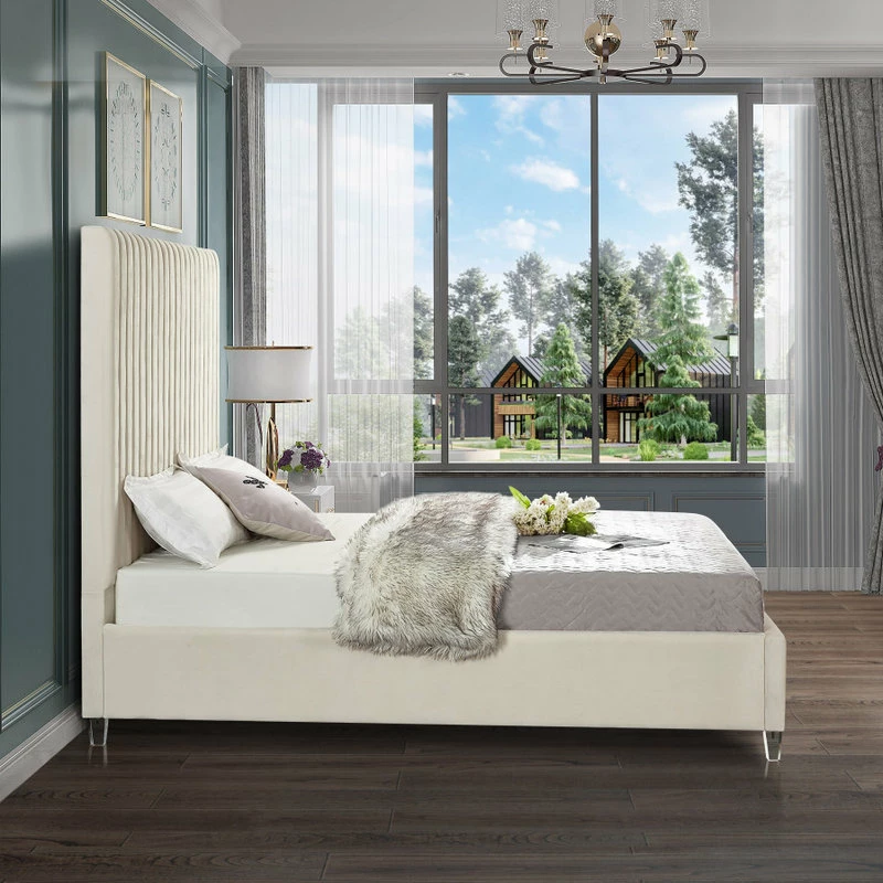 Best Sale 😀 Meridian Furniture Candace Velvet Bed, Cream, King 🎁 - Image 5