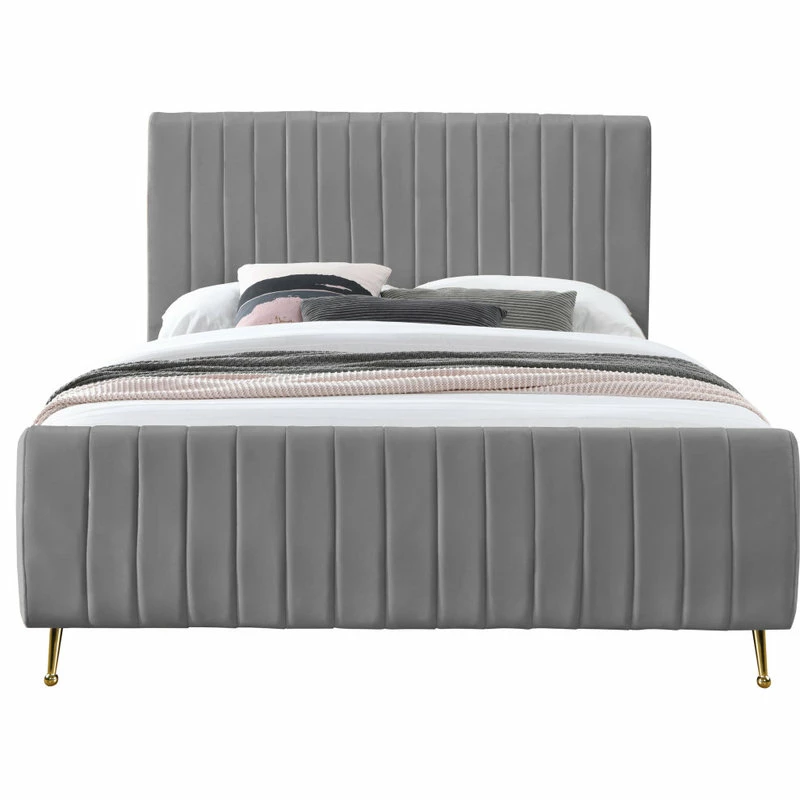 Discount ๐ฅฐ Meridian Furniture Zara Channel Tufted Velvet Bed With Custom Gold Legs, Gray, Queen ๐งจ - Image 3