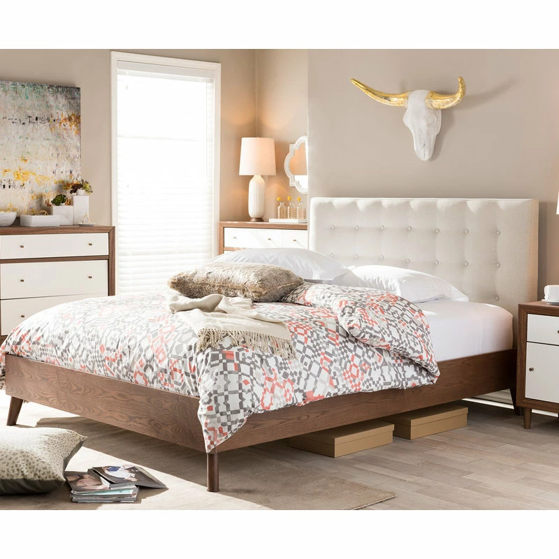 Best Sale ❤️ Baxton Studio Alinia Retro Fabric Upholstered Walnut Wood Platform Bed, Light Beige, Queen 👏 - Image 5