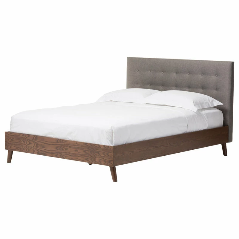 Discount ๐ฅ Baxton Studio Alinia Retro Fabric Upholstered Walnut Wood Platform Bed, Gray, Full โจ