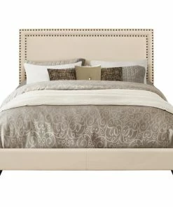 Budget ⭐ HomeFare Nailhead Trim Upholstered Bed, Cream, Full 👏