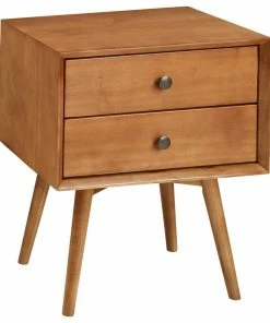 Buy 👍 Walker Edison Mid-Century 2 Drawer Solid Wood Nightstand, Caramel 👍