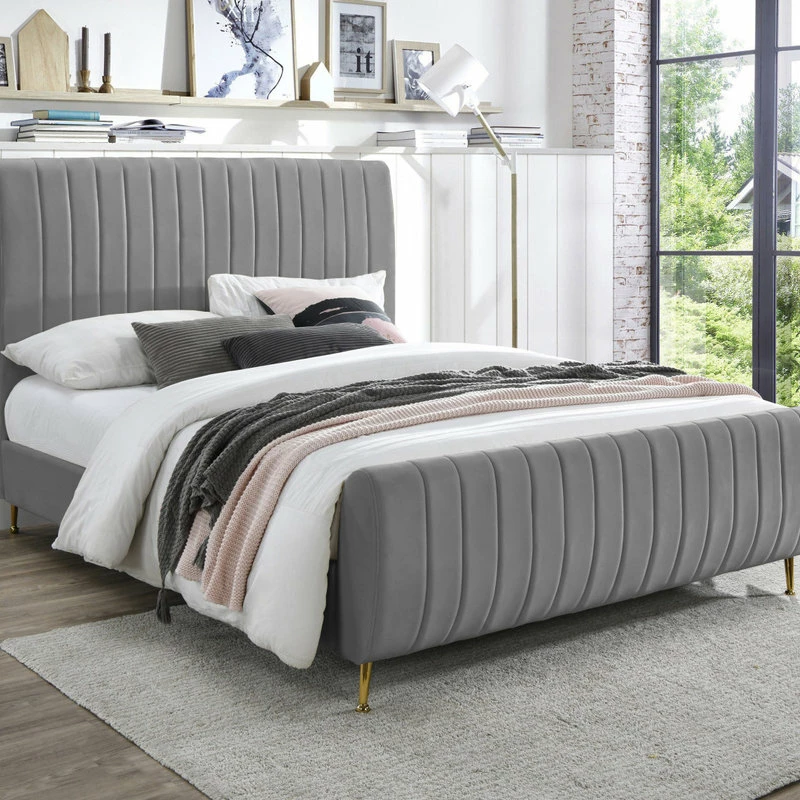 Buy 🌟 Meridian Furniture Zara Channel Tufted Velvet Bed With Custom Gold Legs, Gray, King 🎁 - Image 2