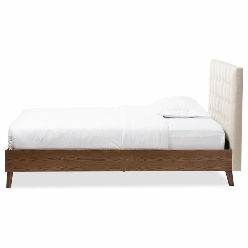 Best Sale ❤️ Baxton Studio Alinia Retro Fabric Upholstered Walnut Wood Platform Bed, Light Beige, Queen 👏 - Image 4