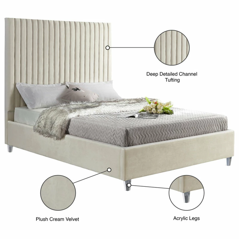 Best Sale 😀 Meridian Furniture Candace Velvet Bed, Cream, King 🎁 - Image 8